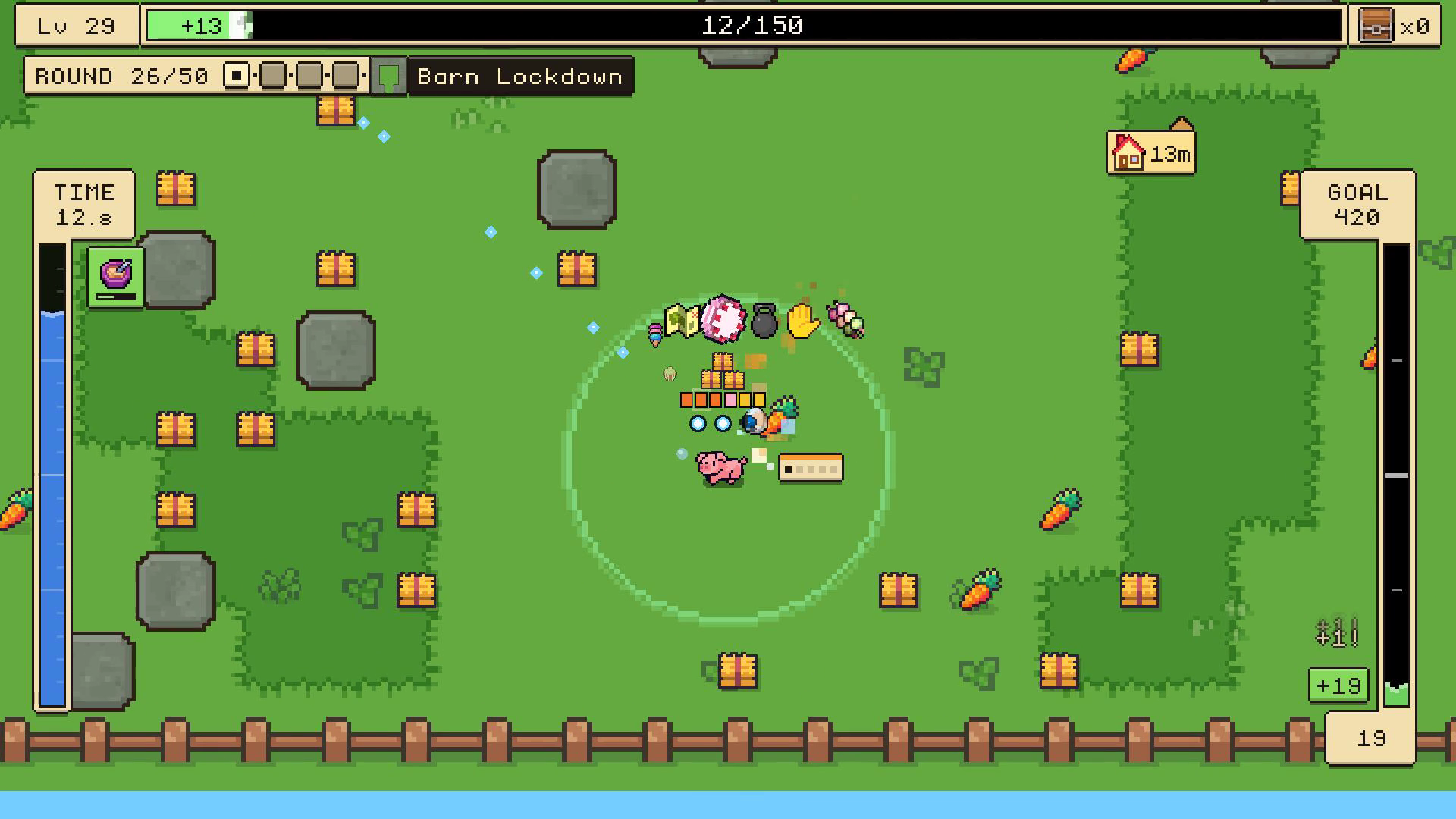 Summer pig hauling a tall stack of hay, with upgrade icons above it.
