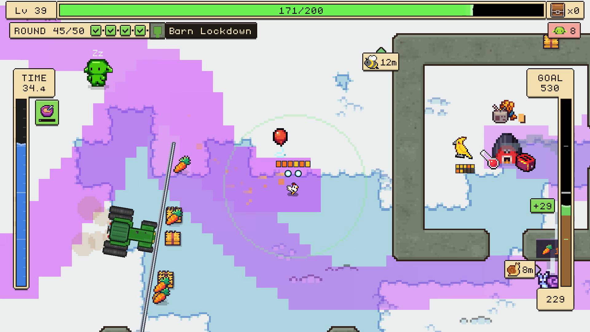 Chicken on a purple trail near a tractor and goblin in a snowy Barn Lockdown field.
