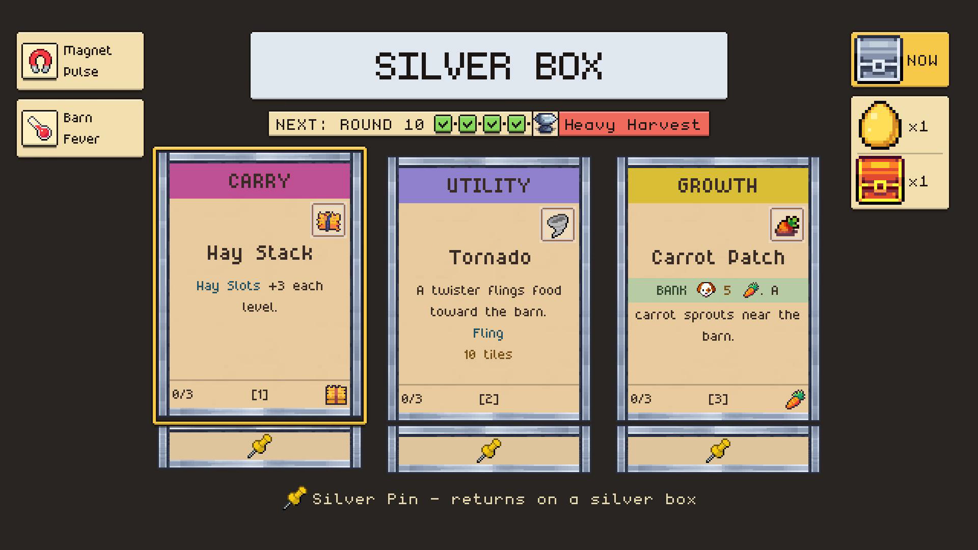 Silver Box draft offering Hay Stack, Tornado, and Carrot Patch cards.