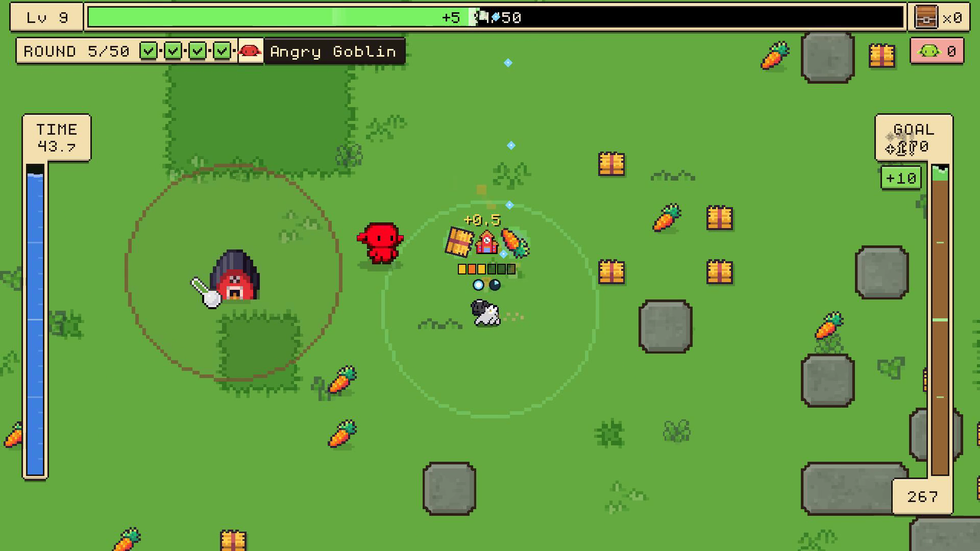 Sheep at a barn during an Angry Goblin gauntlet, with a red goblin in the field.