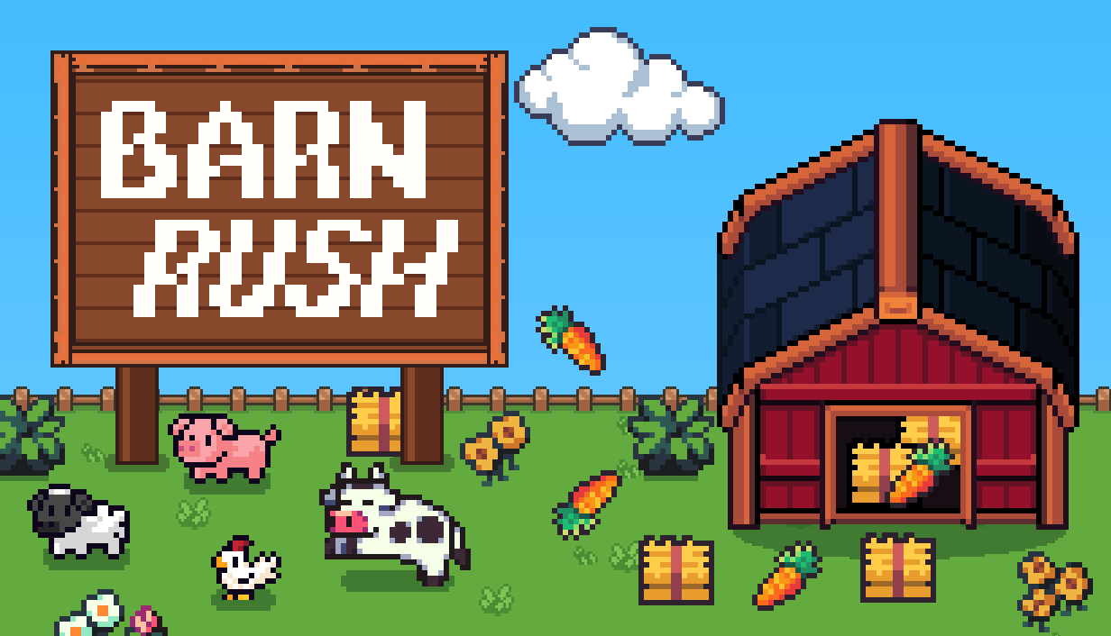Barn Rush main capsule with farm animals, a red barn, and the wooden-sign title.