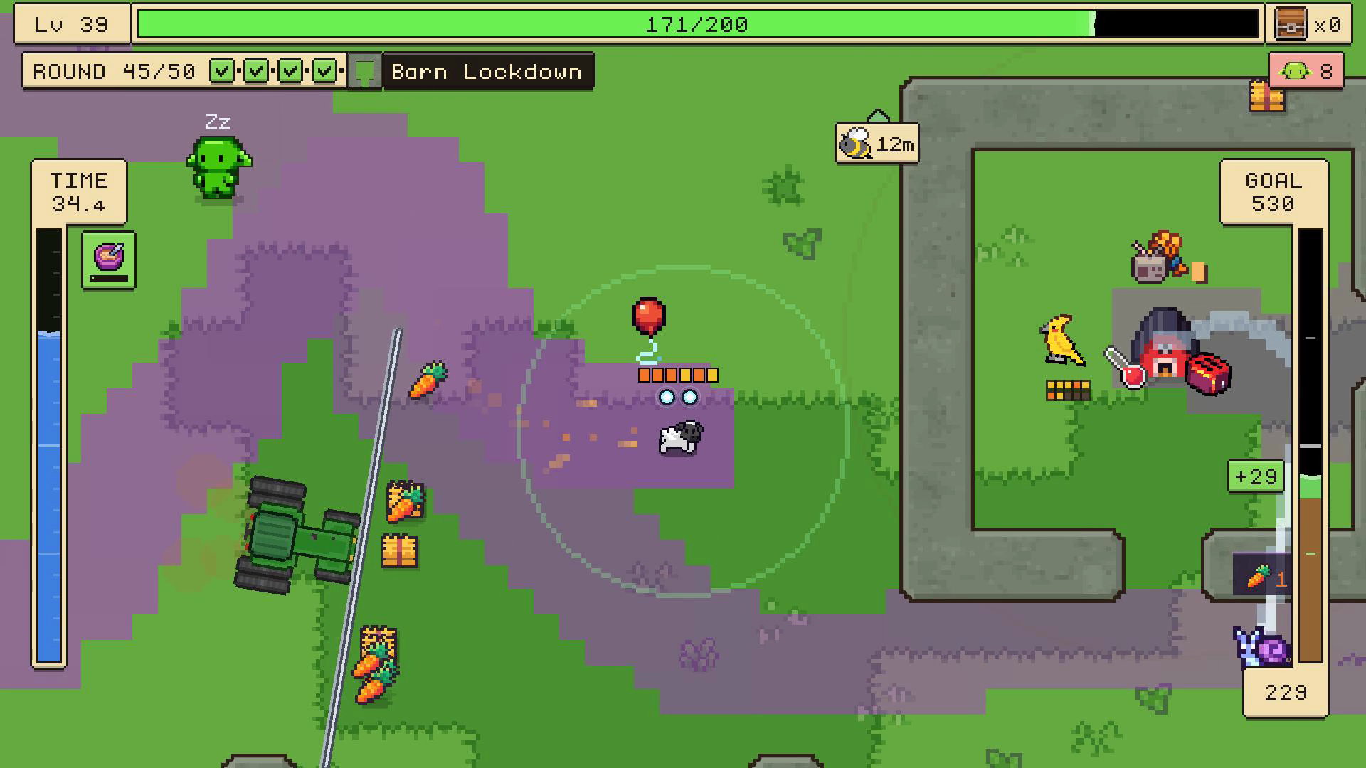 Summer sheep carrying food along a purple trail, with a tractor and goblin nearby.